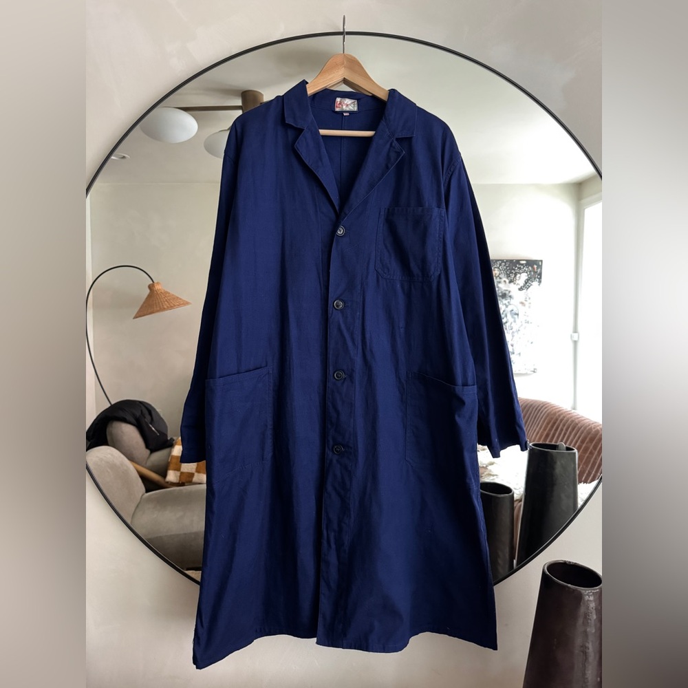 French-Blue Vintage Workwear Duster Coat